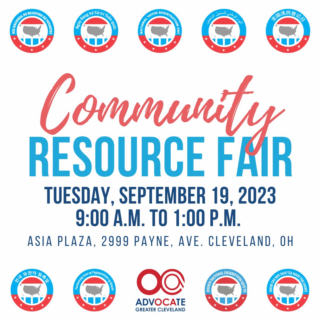 OCACleveland's tweet photo. For National Voter Registration Day, we will be hosting a Community Resource Fair on Tuesday. Sept. 19 from 9 a.m. to 1 p.m. at Asia Plaza.
#NationalVoterRegistrationDay #VerifyYourVote #VoteReady #CLEready https://t.co/pnbdsBQxd7