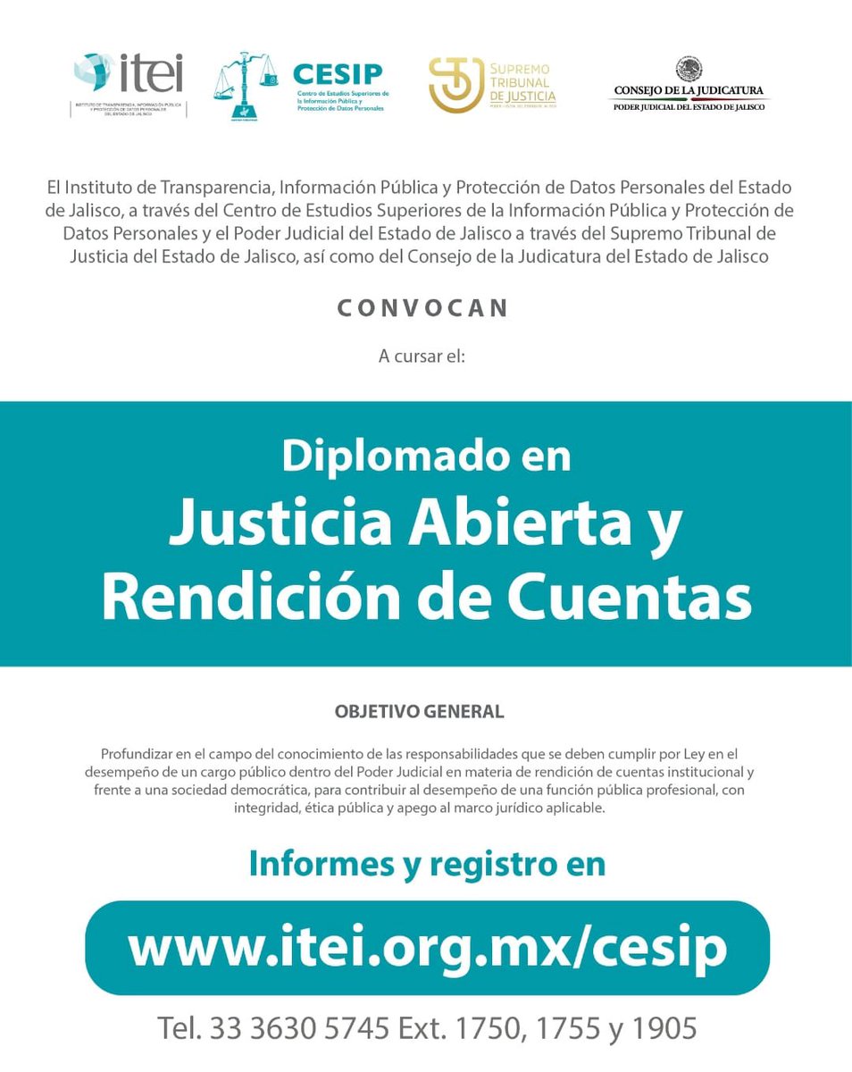 (½) ¡ATENCIÓN!🚨🚨🚨
Buenas noticias. El Diplomado en Justicia Abierta y Rendición de Cuentas amplía su convocatoria para personas del servicio público y profesionistas interesados. Tienes hasta el 21 de septiembre para inscribirte.