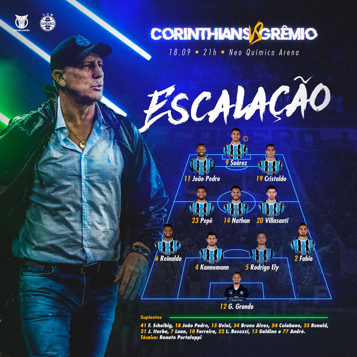 GRÊMIO ESCALADO! 🚨

- Fábio titular no lugar de João Pedro.
- Nathan pescador na vaga de Carballo.

O que acharam? 🇪🇪