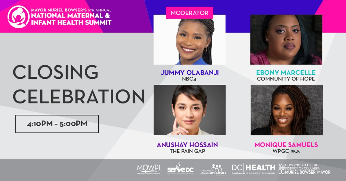 Our Closing Celebration speakers are spotlighting moms in media to share their reporting on problems aligned to the themes of the Summit 🤰🏽 #DCMaternalHealth RSVP for @MayorBowser’s 2023 Maternal & Infant Health Summit today at maternalhealthdc.com