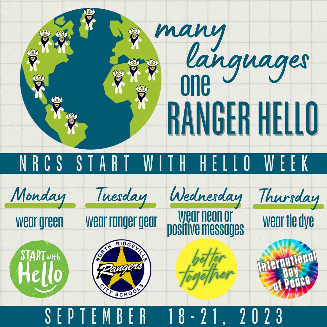 Start with Hello Spirit Week continues Tuesday, September 19, with a fan favorite:  Ranger gear (or blue and gold).  
We are Ranger STRONG!