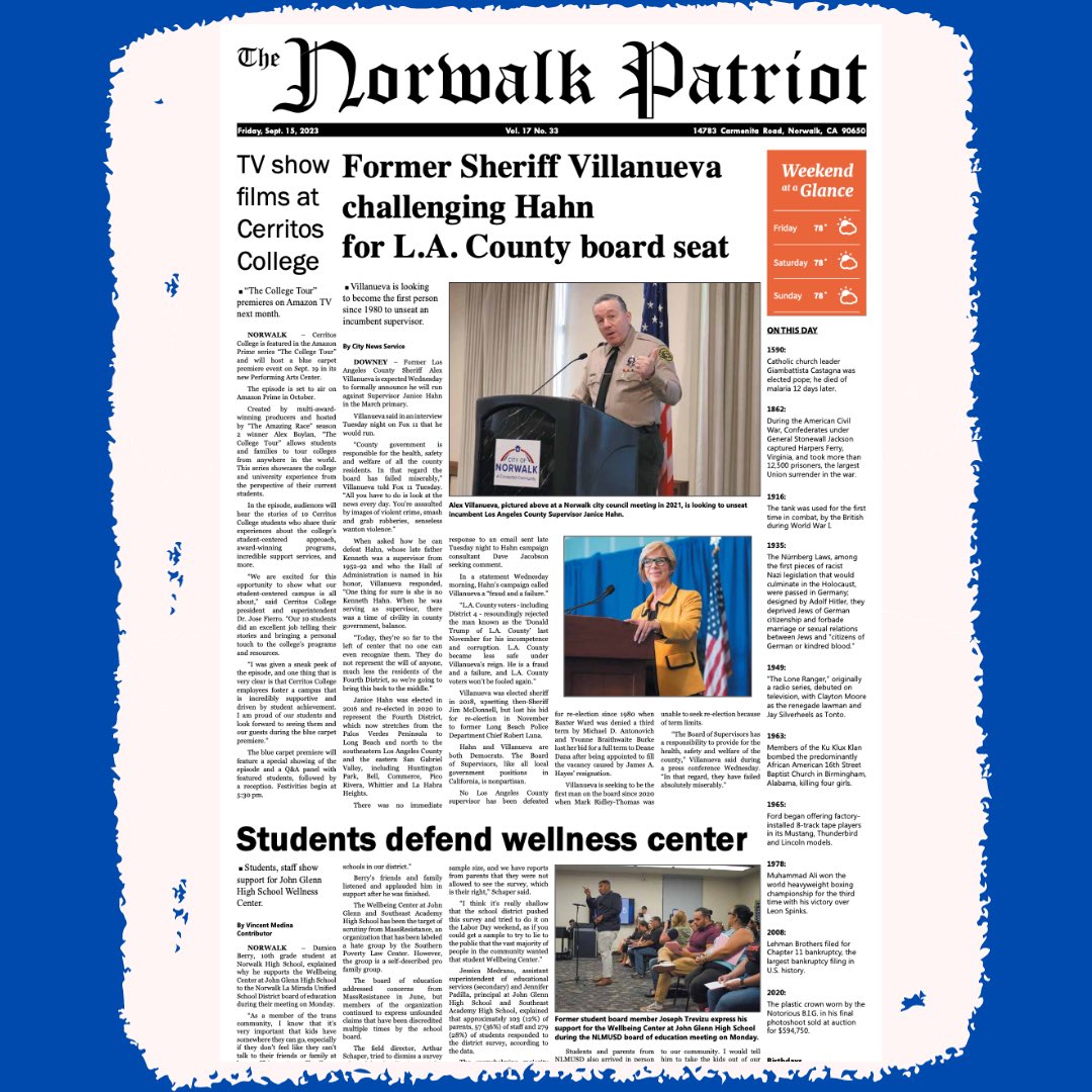 Students from <a href="/nlmusd/">Norwalk-La Mirada Unified School District</a> defend the Wellbeing Center at <a href="/JohnGlennASB/">JGHS ASB</a> 

<a href="/CerritosFalcons/">Cerritos College Falcons</a>  is featured in the Amazon Prime “The College Tour”

Former Los Angeles County Sheriff <a href="/AlexVilanueva33/">Alex Villanueva</a> is expected run against <a href="/SupJaniceHahn/">Janice Hahn</a>
#norwalkpatriot 

thenorwalkpatriot.com