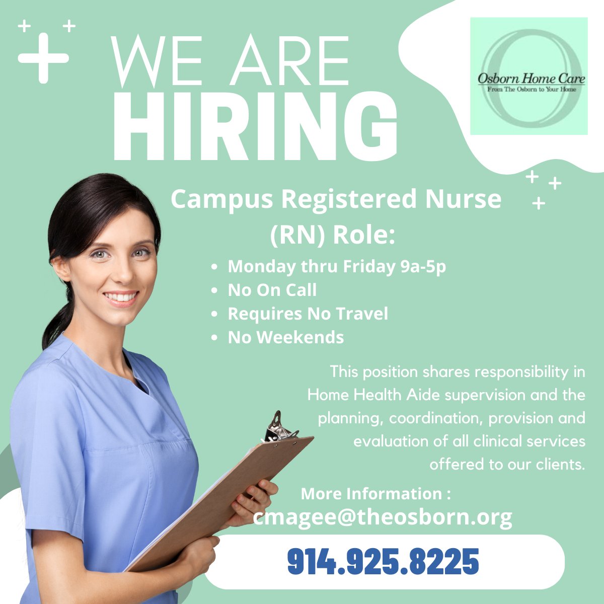 Join our team! We are hiring for a Campus #RegisteredNurse (#RN)

If interested, please email cmagee@theosborn.org or call (914) 925-8225. theosborn.org

#TheOsborn #RNJobs #RNCareers #NursingCareers #JobOpportunities #Hiring #SeniorLiving