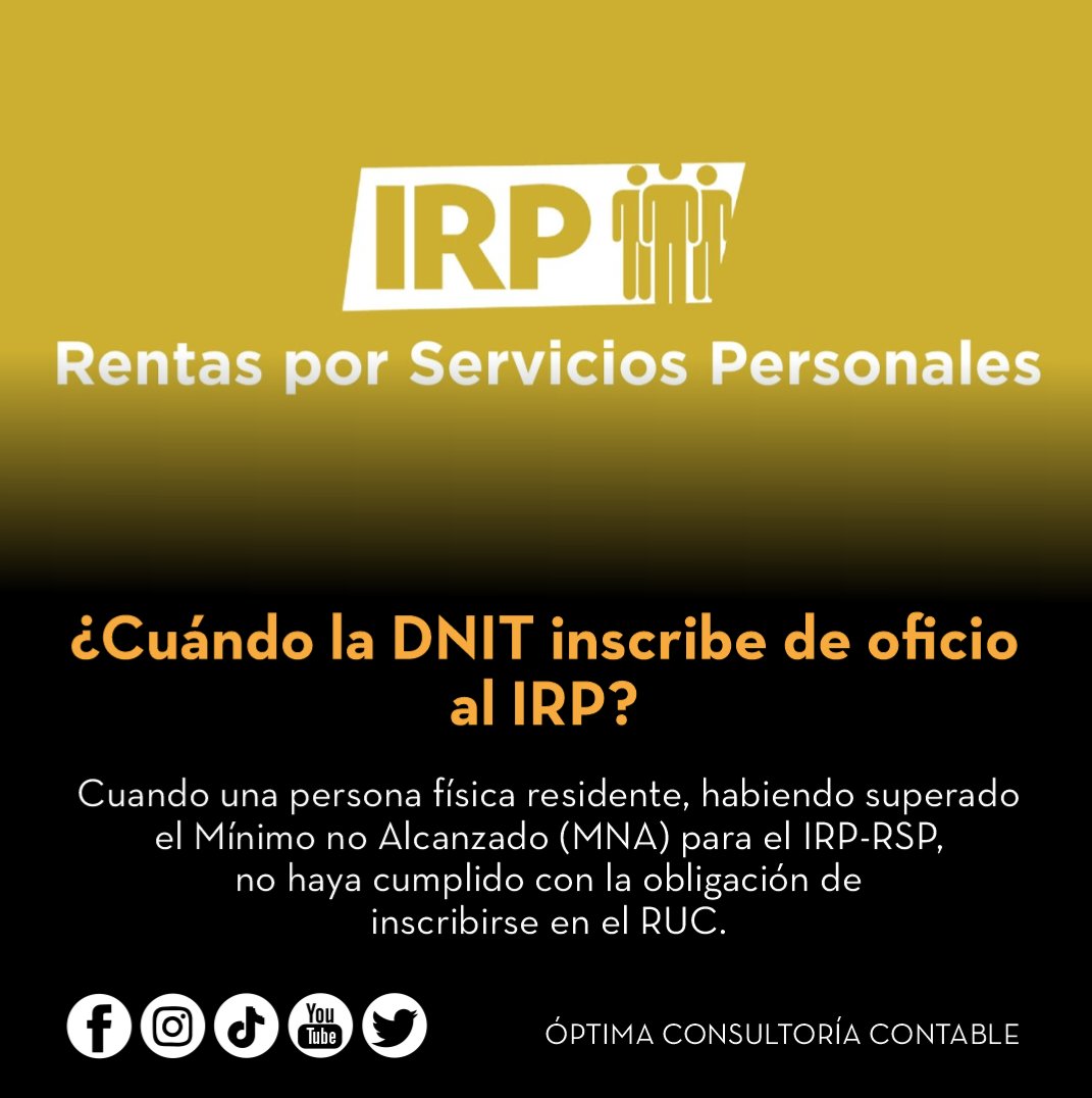 Optima_Contable's tweet image. La persona que haya sido inscripta de oficio deberá presentarse ante las oficinas de la DNIT dentro de los diez (10) días hábiles siguientes a la notificación, a fin de confirmar los datos consignados en el RUC y de obtener su clave de acceso confidencial de usuario.
#irp #ruc