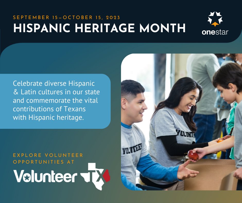 OneStar (@onestarfdn) on Twitter photo This #HispanicHeritageMonth, celebrate the contributions individuals with Hispanic roots have made to our state! Visit VolunteerTX.org to find opportunities to strengthen the Hispanic community with Texas orgs like @rosaesrojo <a href="/AMIGOS_Americas/">Amigos de las Americas</a> <a href="/HWNTEP/">HWNT El Paso Chapter</a> <a href="/grandprairieisd/">Grand Prairie ISD</a>. This #HispanicHeritageMonth, celebrate the contributions individuals with Hispanic roots have made to our state! Visit VolunteerTX.org to find opportunities to strengthen the Hispanic community with Texas orgs like @rosaesrojo <a href="/AMIGOS_Americas/">Amigos de las Americas</a> <a href="/HWNTEP/">HWNT El Paso Chapter</a> <a href="/grandprairieisd/">Grand Prairie ISD</a>.