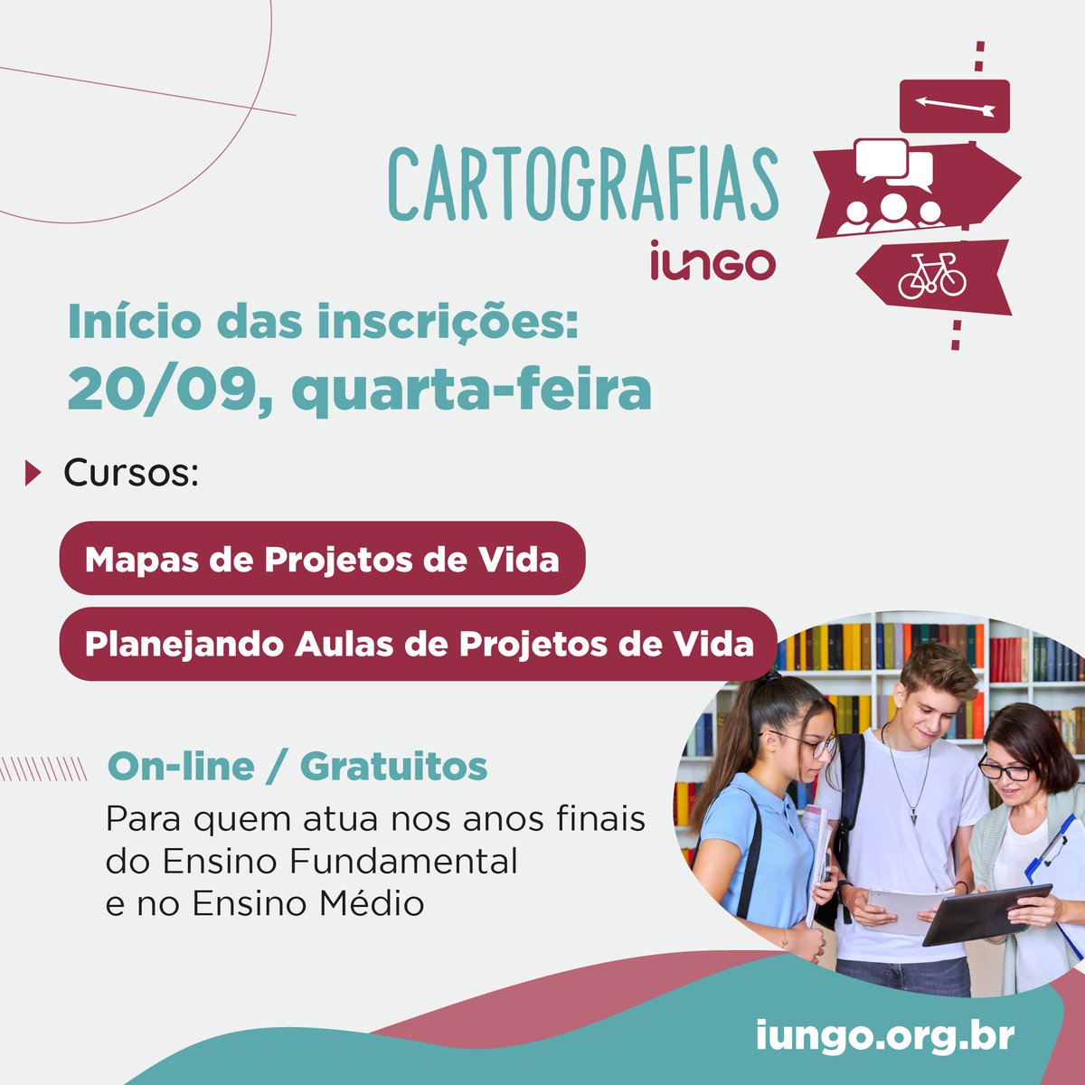institutoiungo's tweet photo. Se você é professora, professor, gestora ou gestor escolar e busca uma formação para trabalhar com #projetosdevida de forma potente e articulada à BNCC, atenção: inscrições para a 3ª edição dos cursos Cartografias iungo, a partir de quarta-feira (20/09): https://t.co/A4E6AN0LHd https://t.co/mSayqDit3a