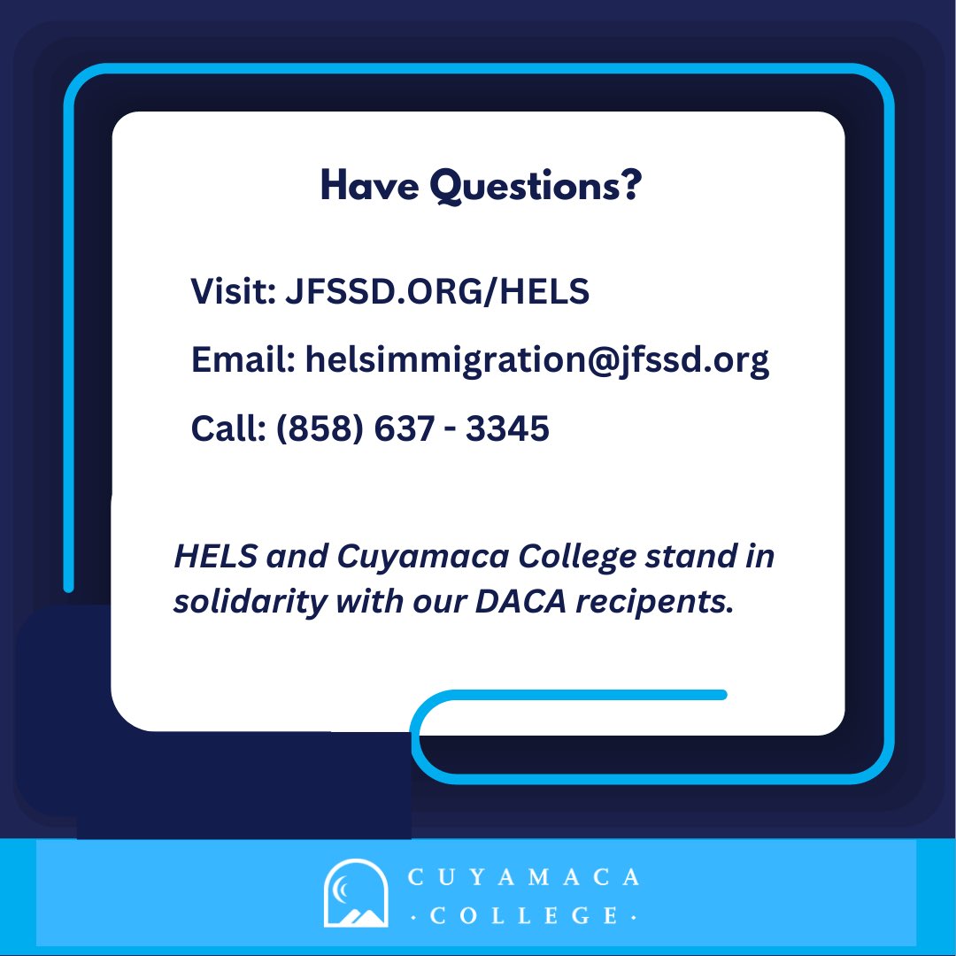 Swipe for information about how Cuyamaca College and HELS (Higher Education Legal Serices) are supporting our DACA (Deferred Action for Childhood Arrivals) students.

#cuyamacacollege #HELS #TogetherWeRise #DACA