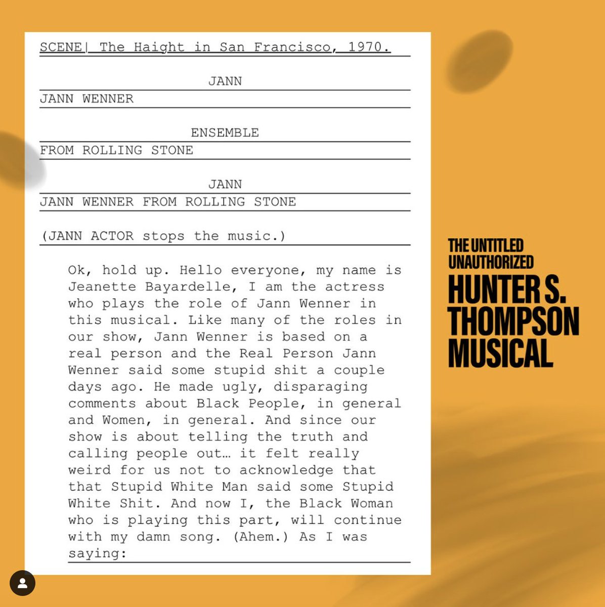 MrJoeIconis's tweet image. A few people have asked me if we address the hateful, idiotic comments Jann Wenner made in the NYT this past week. This speech went in the show yesterday. Come see us at @ljplayhouse.