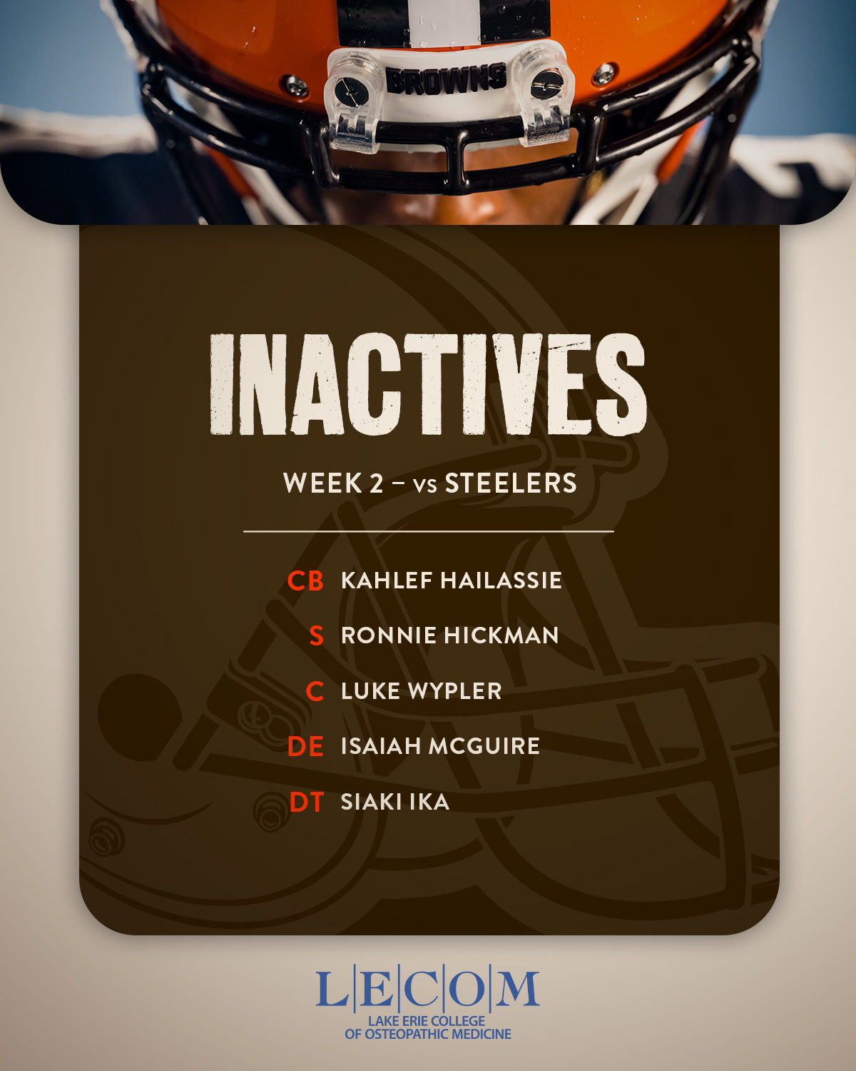 Cleveland Browns on X: 'Our inactive players for tonight's game   / X