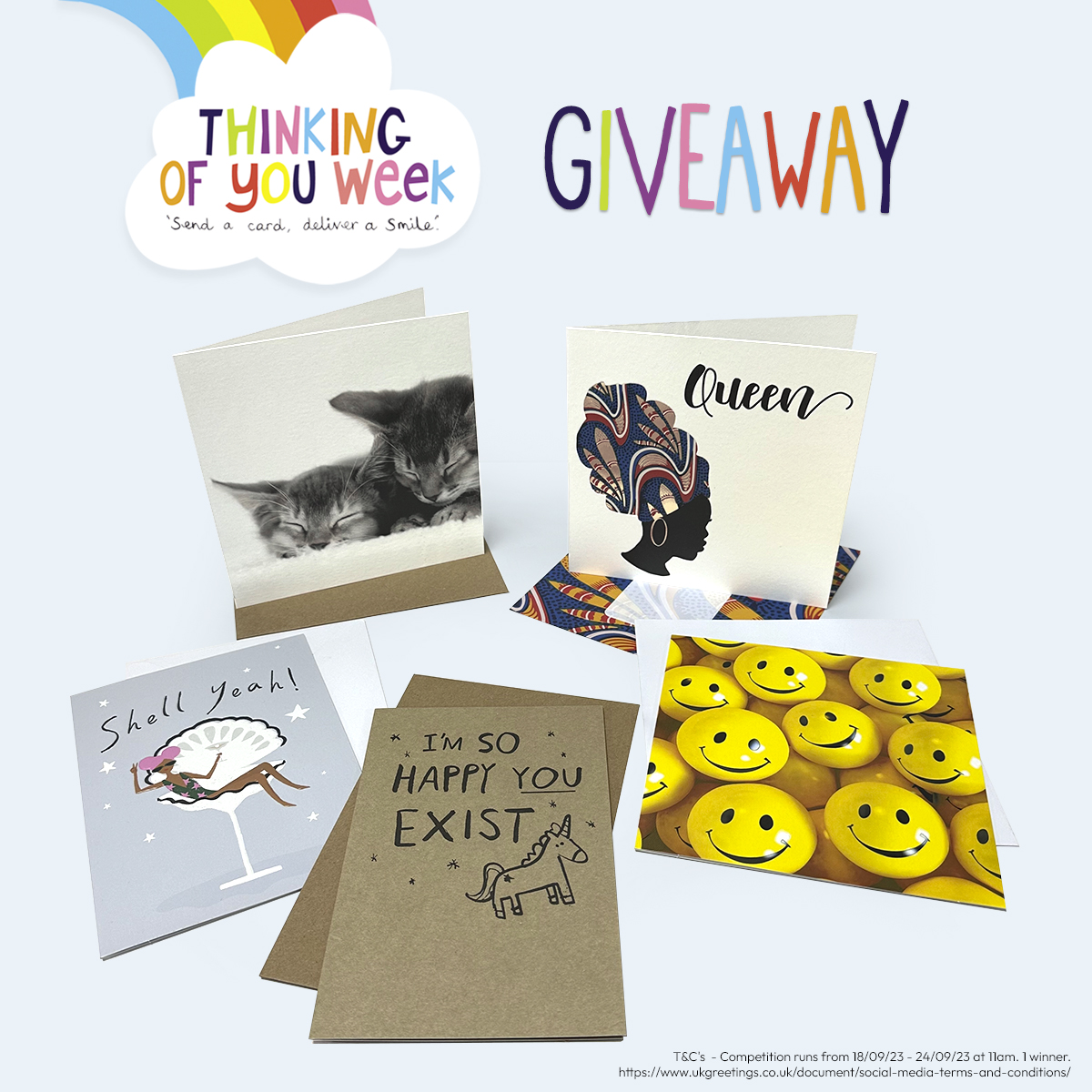 UKGreetings's tweet image. It’s the first day of #Thinkingofyouweek2023 !!  We’re giving you the chance to WIN this bundle of cards! To enter, LIKE and COMMENT on this post. Ts&amp;amp;Cs apply – 1 winner will be randomly selected on 24/09/23 at 11AM. For further details click here: bit.ly/3QNhqxd
