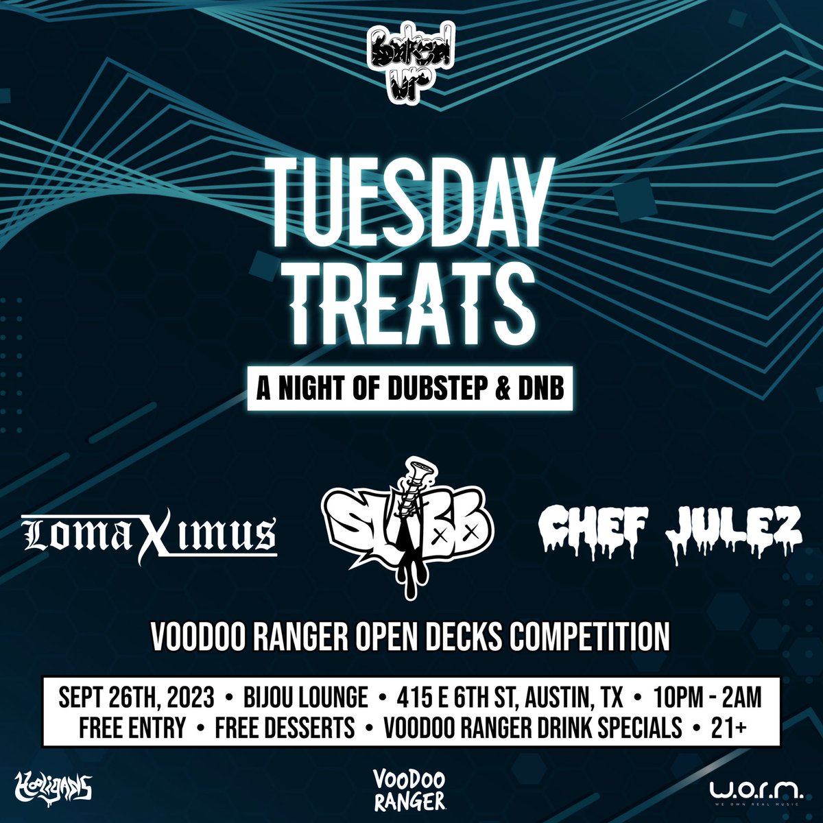Dubstep &amp; DnB homies🗣️

Tuesday Treats returns 9/26 to Bijou Lounge w/ tunes by <a href="/chefjulezmusic/">Chef Julez</a> <a href="/SlabbD/">SLABB DUBZ</a> and <a href="/LomaximusB/">Lomaximus</a> + we are hosting a <a href="/voodooranger/">Voodoo Ranger</a> Open Decks Competition🤘🎶🍭 

Entry is free all night so swing by to enjoy great music, cold Voodoo Rangers &amp; yummy desserts😁