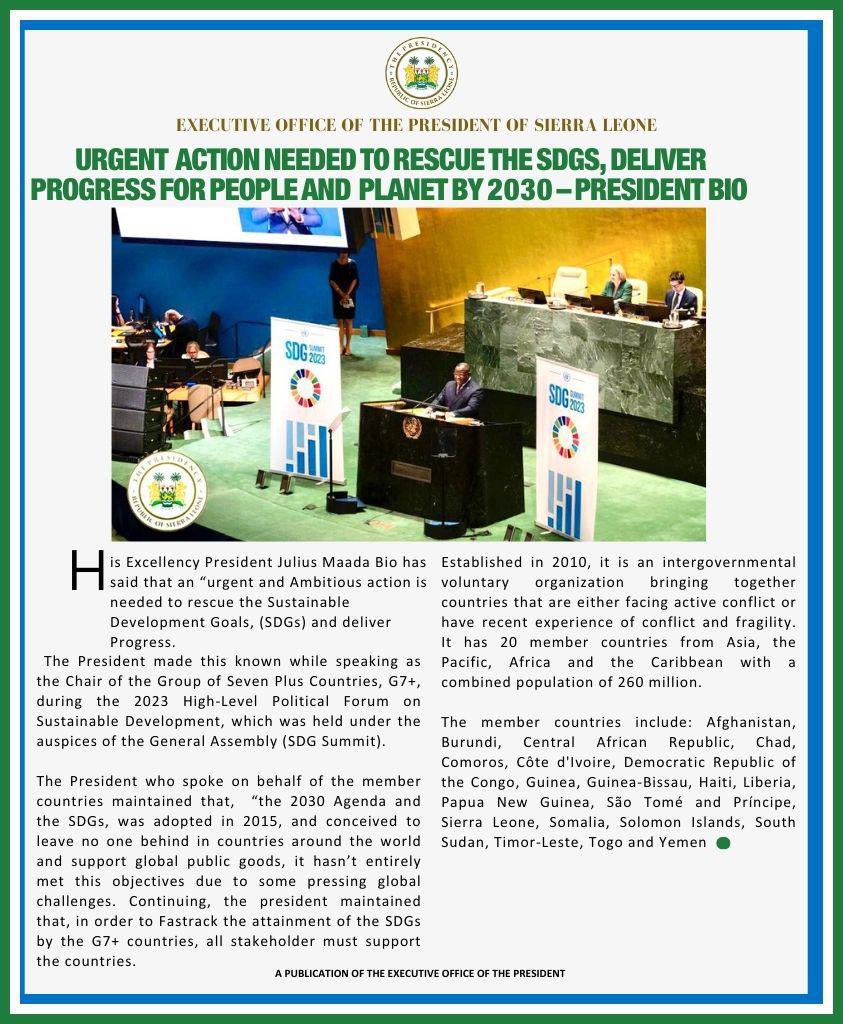 Presidency_SL's tweet image. SIERRA LEONE PRESIDENTIAL UNGA DIARY HIGHLIGHTS🇸🇱

🗓 Monday, September 18, 2023

📬: “Urgent Action Needed To Rescue The SDGs, Deliver Progress For People And Planet By 2030” ~ @PresidentBio 

#PresidencySL🇸🇱

#PresidentBio@UNGA78