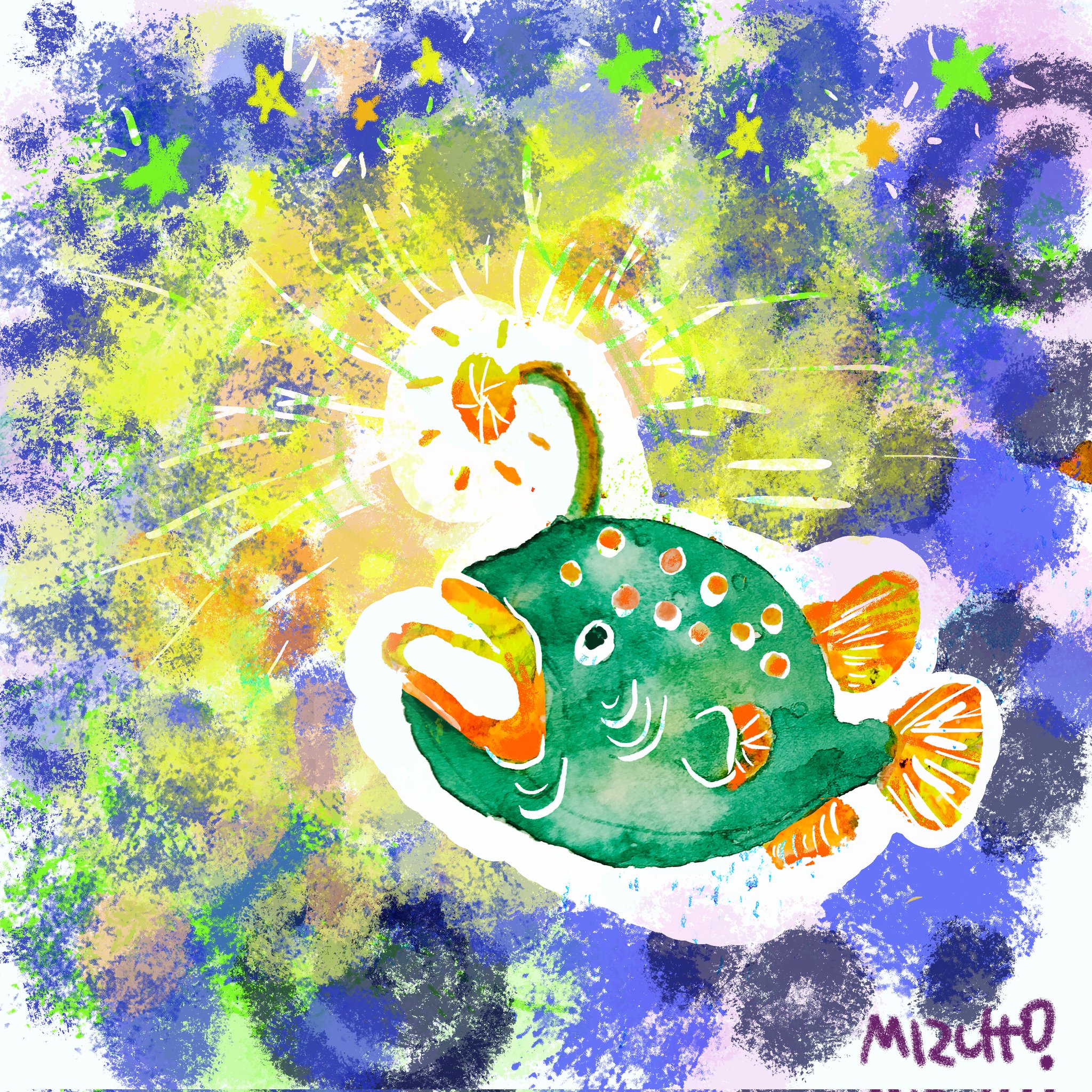 チョウチンアンコウの油絵【光の誘い】1 点物の原画アート/サイン入り◆額縁付属 チョウチンアンコウの油絵【光の誘い】1 点物の原画アート/サイン入り
