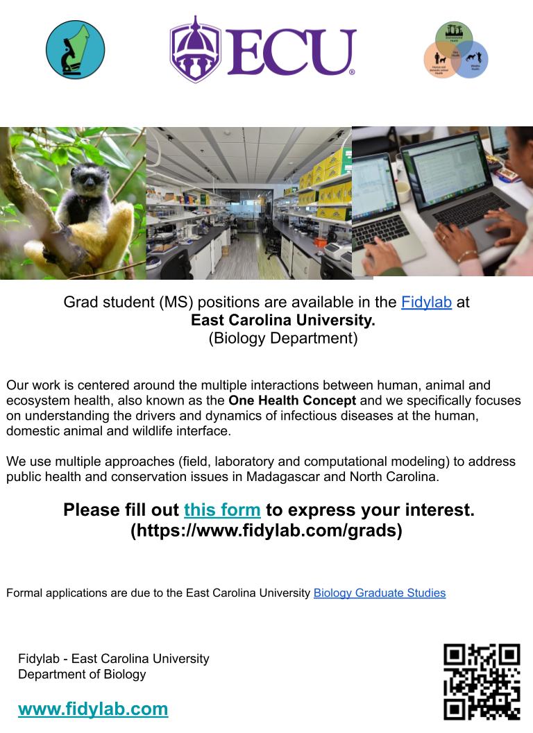 The Fidylab is seeking grad students (M.S.) starting in Fall 2024! 

Please reach out if you are interested in #OneHealth, #diseaseecology, #publichealth and #Conservation.

fidylab.com/graduate-studi…

@EastCarolina @ECU_Biology