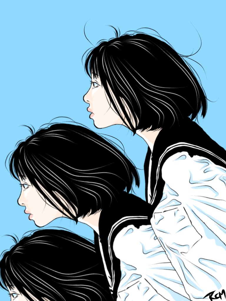 multiple girls short hair school uniform 3girls serafuku profile black hair  illustration images