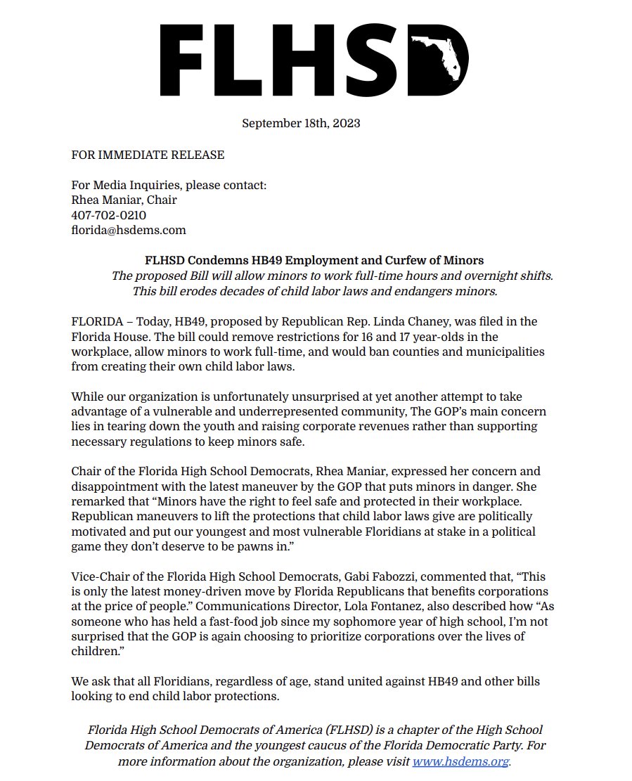 flahsdems's tweet photo. FLHSD’s official statement condemning the proposal of HB49. The Republican Party is attempting to deconstruct necessary child labor laws, allowing 16 and 17 year old employees to work full-time hours and overnight shifts. https://t.co/jEyDhzrZRt
