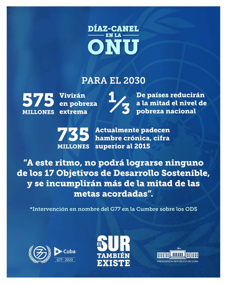 De suma importancia los múltiples desafíos que enfrentan en la actualidad los países en vías de desarrollo, insistió nuestro presidente <a href="/DiazCanelB/">Miguel Díaz-Canel Bermúdez</a> en la Cumbre de los Objetivos de Desarrollo Sostenible, en la <a href="/ONU_es/">Naciones Unidas</a> a nombre del Grupo de los 77 y #China. #ElSurTambiénExiste