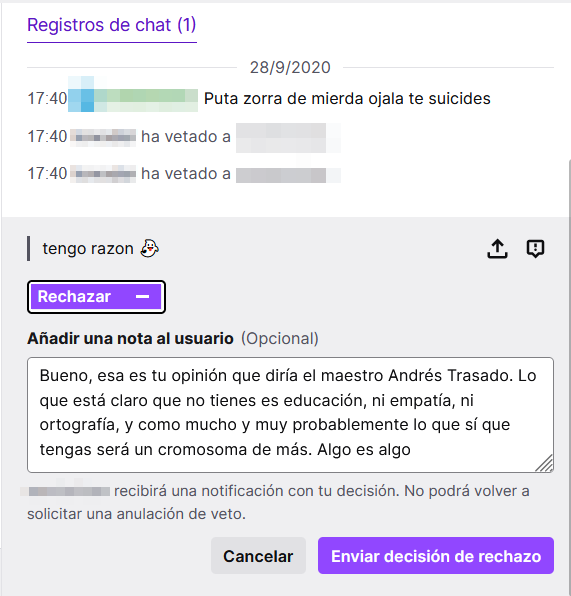 JoGonBa's tweet photo. El odio que destilan estos "seres" es para flipar. Aunque a veces uno piensa en qué mierda de vida tienen que llevar en su casa para necesitar algo así como válvula de escape, y casi te dan hasta un poquito de pena. Pero solo casi #Twitch #Moderatorsbemoderating https://t.co/vcGeUcUWPH