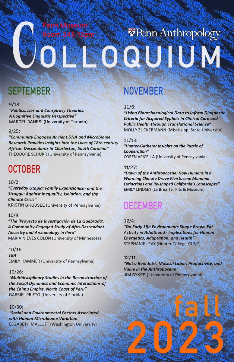 Announcing the complete schedule for our Penn Anthropology Fall Colloquium 2023 series! More information on our website: anthropology.sas.upenn.edu/colloquium-ser…