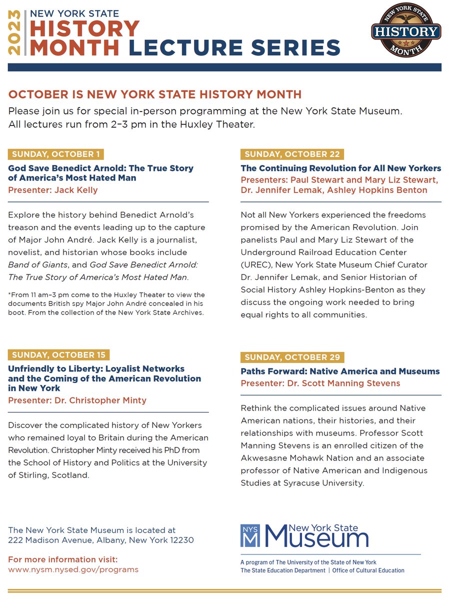 nysmuseum's tweet photo. #NYSHistoryMonth is coming! Here's a preview of the upcoming lecture series taking place from 2:00-3:00 p.m. every Sunday in October at the NYSM!
For a detailed description of all of these programs and more, visit: https://t.co/VdNdNHBjVA https://t.co/AnqtTXTteu