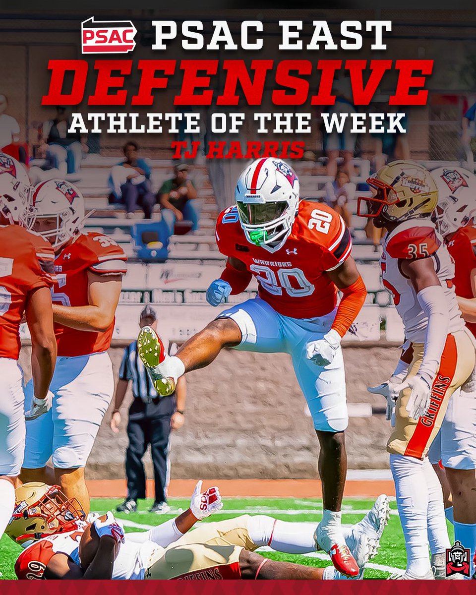 𝐏𝐒𝐀𝐂 𝐄𝐀𝐒𝐓 𝐃𝐄𝐅𝐄𝐍𝐒𝐈𝐕𝐄 𝐀𝐎𝐓𝐖

Congratulations to TJ Harris for earning the Week 3 PSAC Defensive AOTW after recording 8 total tackles and 1 interception in our win versus Seton Hill!