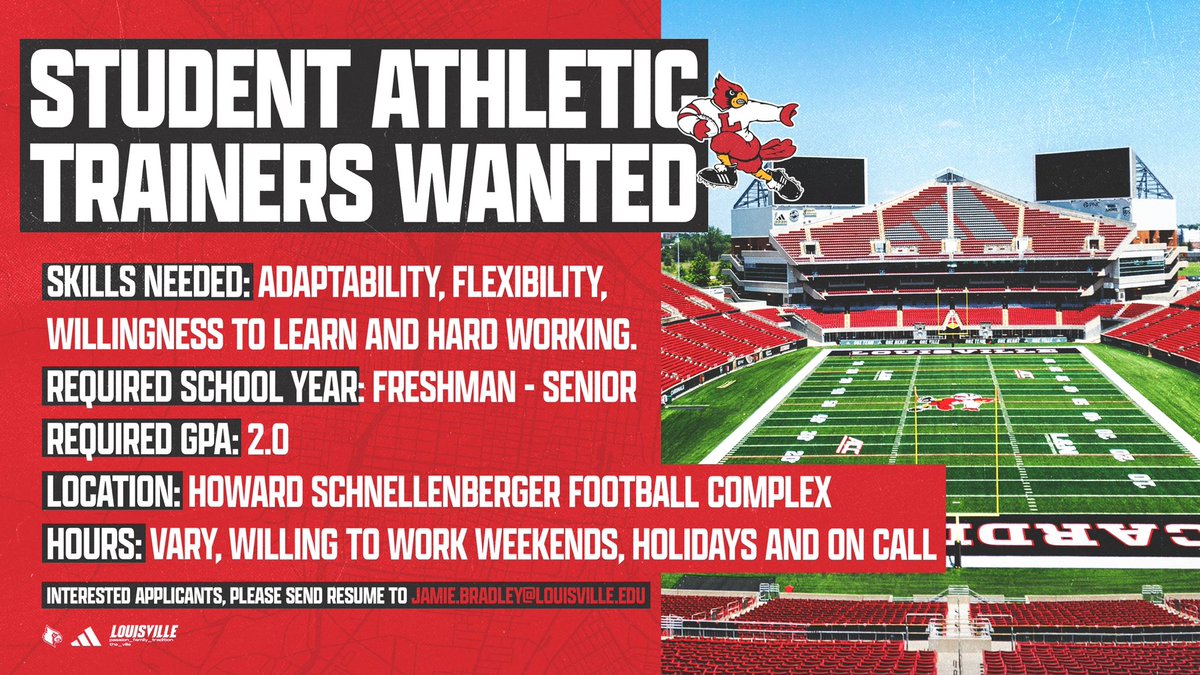 LouisvilleFB's tweet photo. 🗣️ @uofl students!!!

We’re looking for student athletic trainers. If you’re interested, reach out to the email below!

#GoCards https://t.co/VbLt7Q1AVw