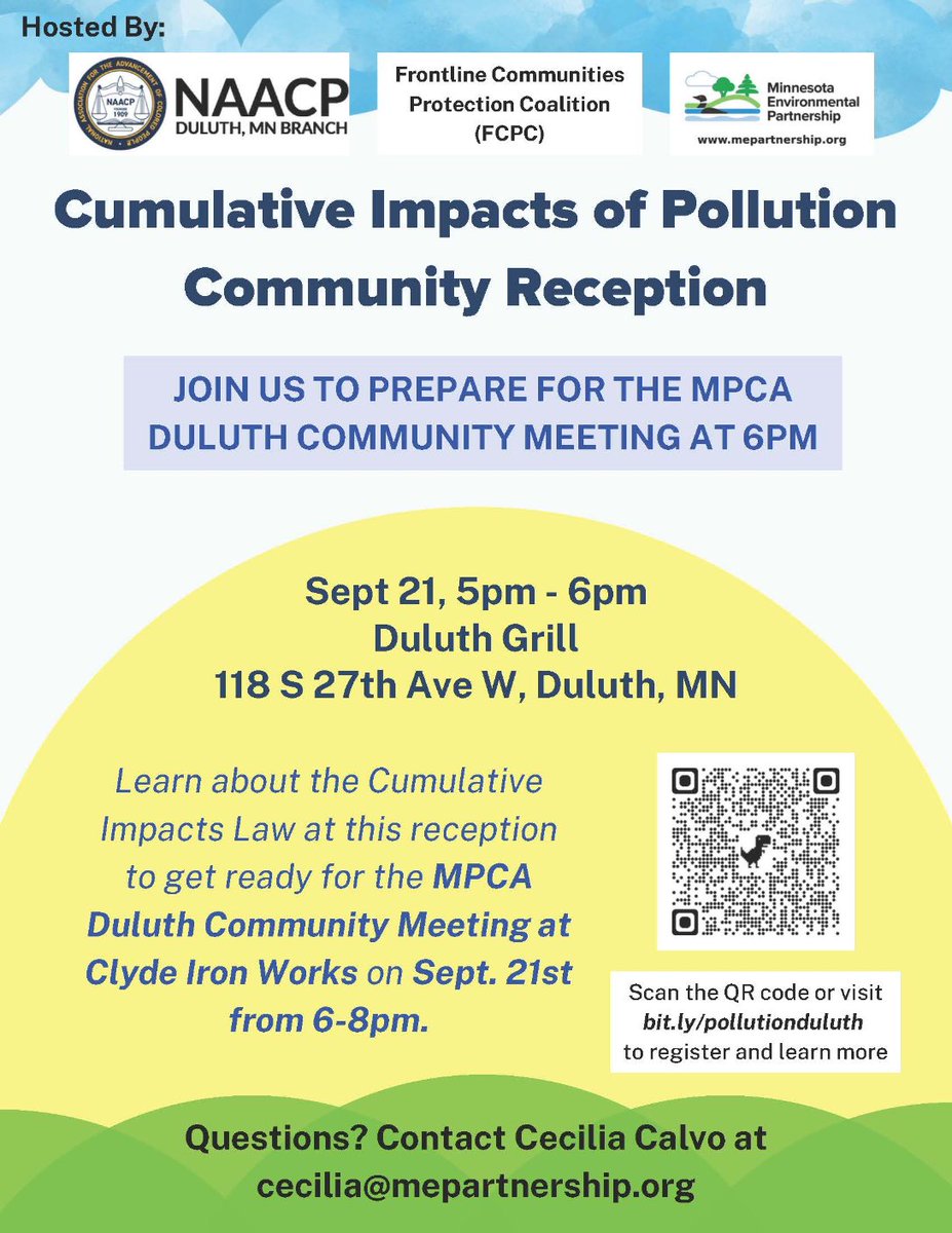 MEP_Duluth's tweet photo. Duluth-area folks concerned about air quality and cumulative impacts, come join us for dinner and a meeting with the MPCA...THIS WEEK! @duluthnaacp @COPALMN https://t.co/MuppiO3XRS