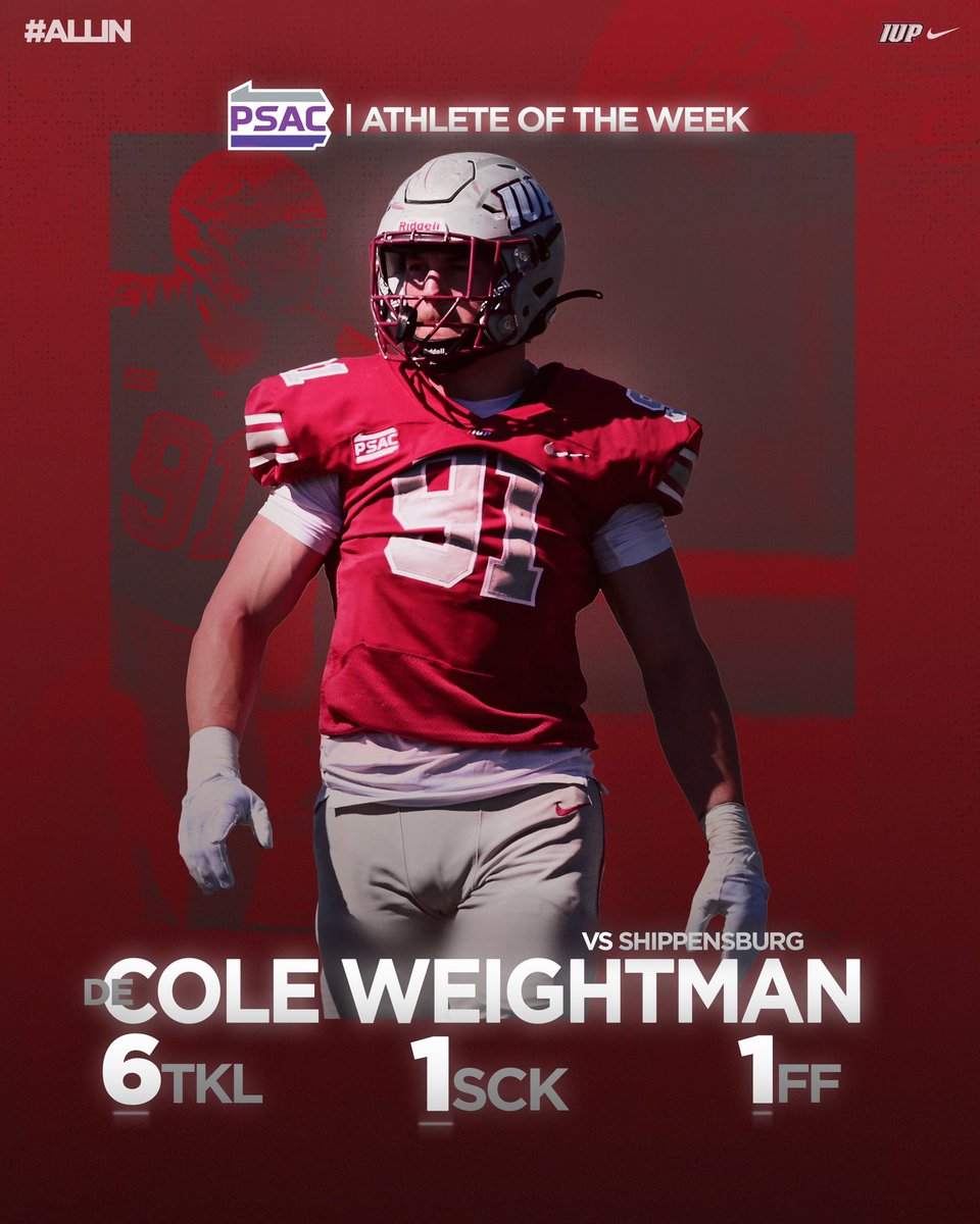 IUP Football (@iupfootball) on Twitter photo Cole Weightman picked up PSAC West Defensive Player of the Week honors, announced by the PSAC on Monday! 
#ALLIN23 x #TalonsUp 
📰: iupathletics.com/news/2023/9/18… Cole Weightman picked up PSAC West Defensive Player of the Week honors, announced by the PSAC on Monday! 
#ALLIN23 x #TalonsUp 
📰: iupathletics.com/news/2023/9/18…