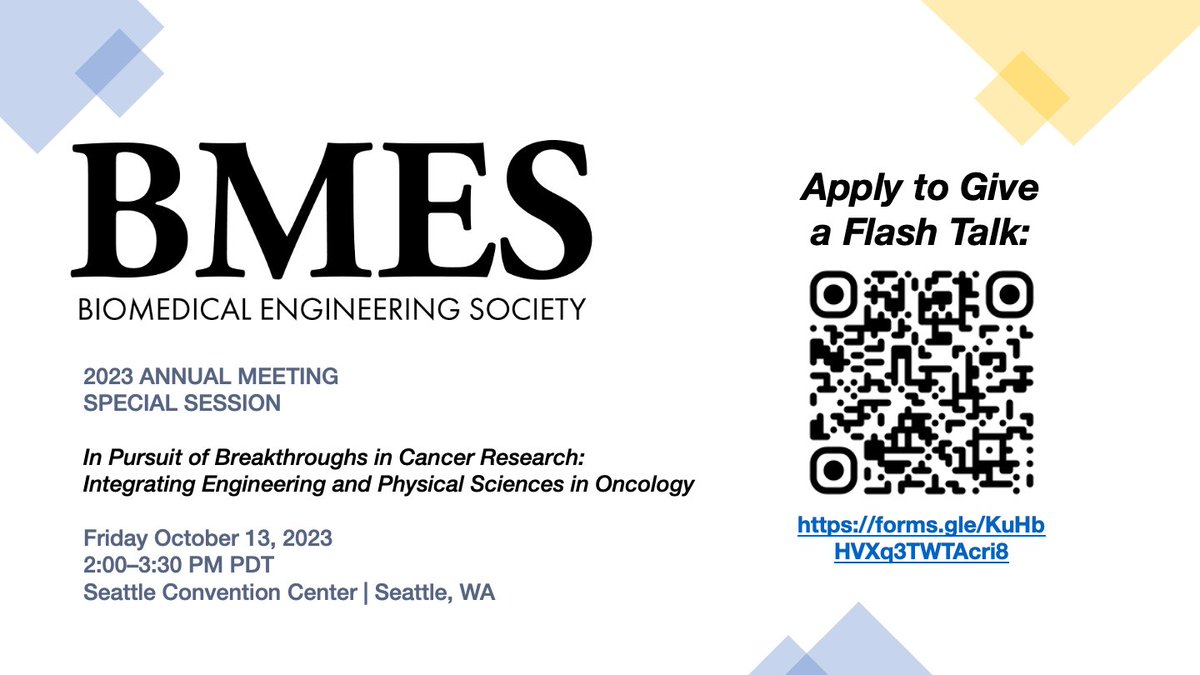 Are you a physical scientist or engineer in cancer research and attending @BMESociety 2023? There will be a special session on 'Integrating engineering and physical sciences in oncology' from 2:00-3:30pm on October 13. Apply to give a flash talk here: forms.gle/KuHbHVXq3TWTAc…