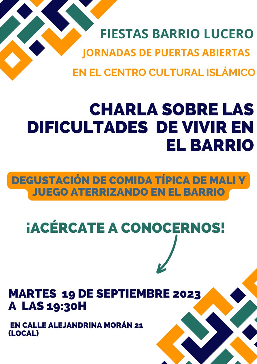 Mañana jornada de puertas abiertas del CC Islámico tendrá lugar una charla sobre las dificultades de vivir en el barrio junto con degustación de comida malí y un juego para conocernos entre nosotros

A las 19:30 en c/Alejandrina Morán 21.

Por un barrio intercultural y respetuoso