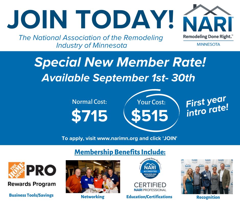 NARI_Minnesota's tweet photo. Have you heard?  The entire month of September we're having a discounted rate for new members!    Click the link below to join! 

https://t.co/hhJTnblYPt https://t.co/KeqKTHjmN9
