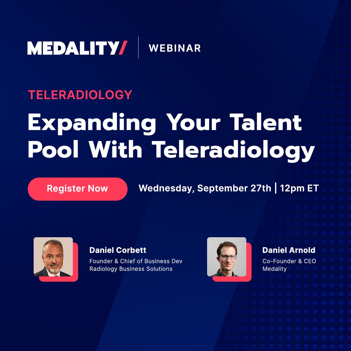 MedalityHealth's tweet photo. Join Daniel Corbett &amp; Daniel Arnold in a discussion exploring the pros, cons, and essential factors for private practice leaders considering teleradiology integration. @CorbettRBS @darnoldmedality

Save your spot: https://t.co/mXXXjNbpIC

#medicalimaging #radiology #hiring https://t.co/agFeUrUUz8
