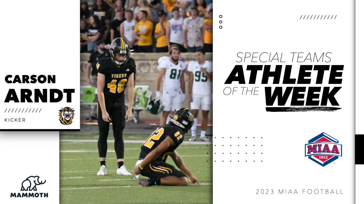 TheMIAA's tweet photo. Caron Arndt (@FHSUFootball) was selected the MIAA Special Teams Athlete of the Week after the Tigers upset Northwest Missouri in Hays🐅👀

📰 https://t.co/7VlWUIQi4r
#BringYourAGame