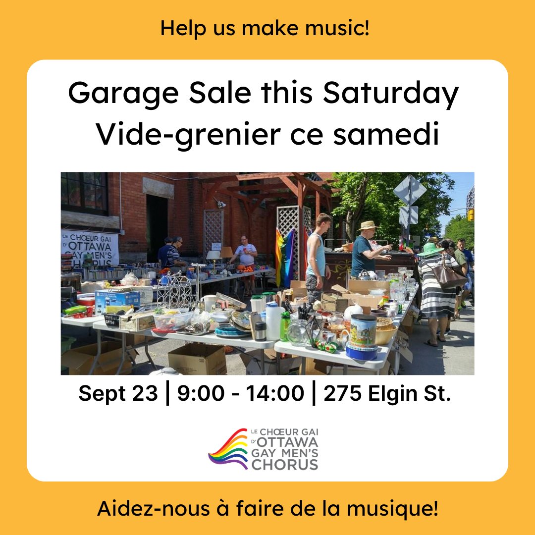 Join us this Saturday, September 23rd from 9am to 2pm at St. John the Evangelist (Elgin/Somerset) for our annual garage sale! Support the choir while you shop for deals on items donated by our members, 100% of the proceeds go towards funding our various events and activities!