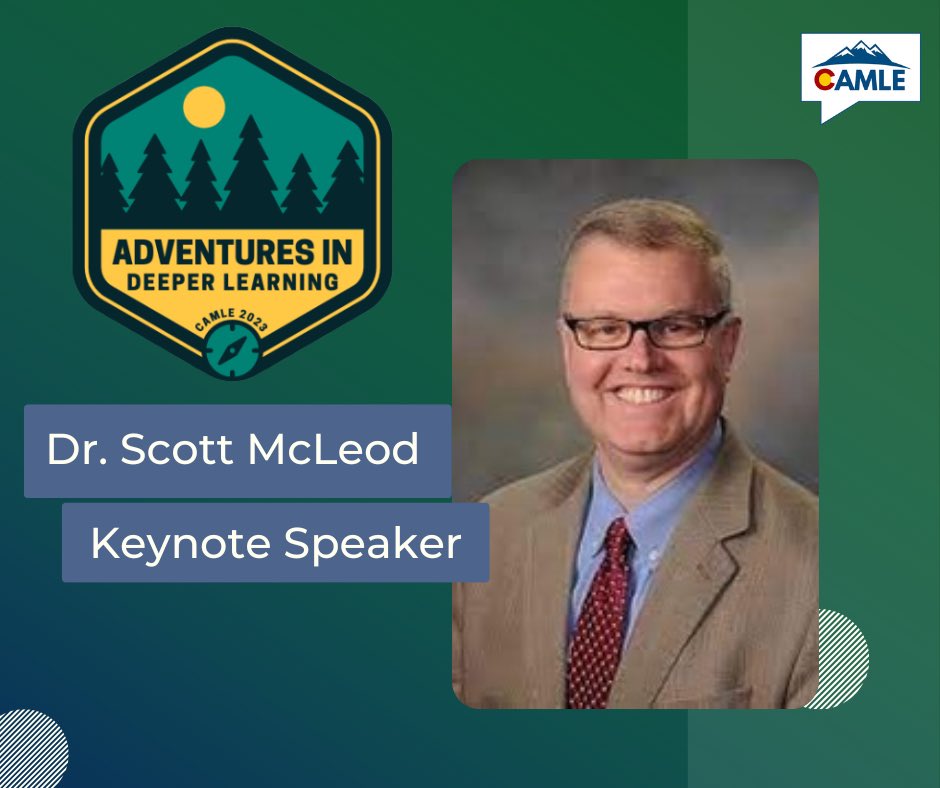 camlecolorado's tweet photo. We’re just 3 weeks from #CAMLE23 at Timberview MS in Colorado Springs! So excited to feature Dr. Scott McLeod, one of the nation’s leading experts on P-12 school leadership, deeper learning, technology, & innovation as one of our keynote speakers. Join us October 7th! @mcleod https://t.co/qo5ZholdhB