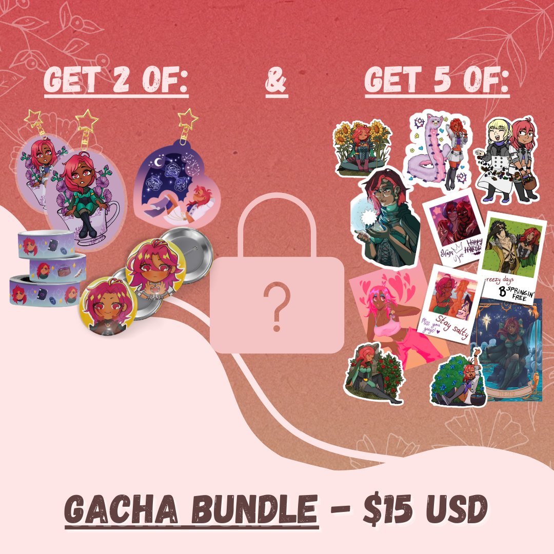 zinehapi's tweet photo. 🐦 MYSTERY/GACHA BUNDLE

Not sure what to buy? Get this bundle and we'll choose for you! 

For $15 USD, you will get 2 out of the listed 'large' merch, and 5 of the listed 'small' merch. This is entirely random! https://t.co/t90hQxCqpQ