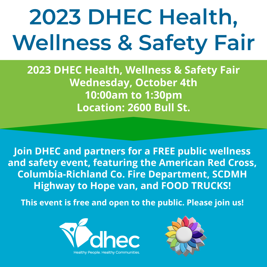 SC_DPH's tweet photo. #Midlands Join DHEC and our partners on Oct. 4 for our Health, Wellness and Safety Fair from 10 a.m. to 1:30 p.m. at 2600 Bull St., Columbia.

There will also be food trucks!

@RedCrossSC @ColaFire @SC_DMH https://t.co/EloGHKvCJJ