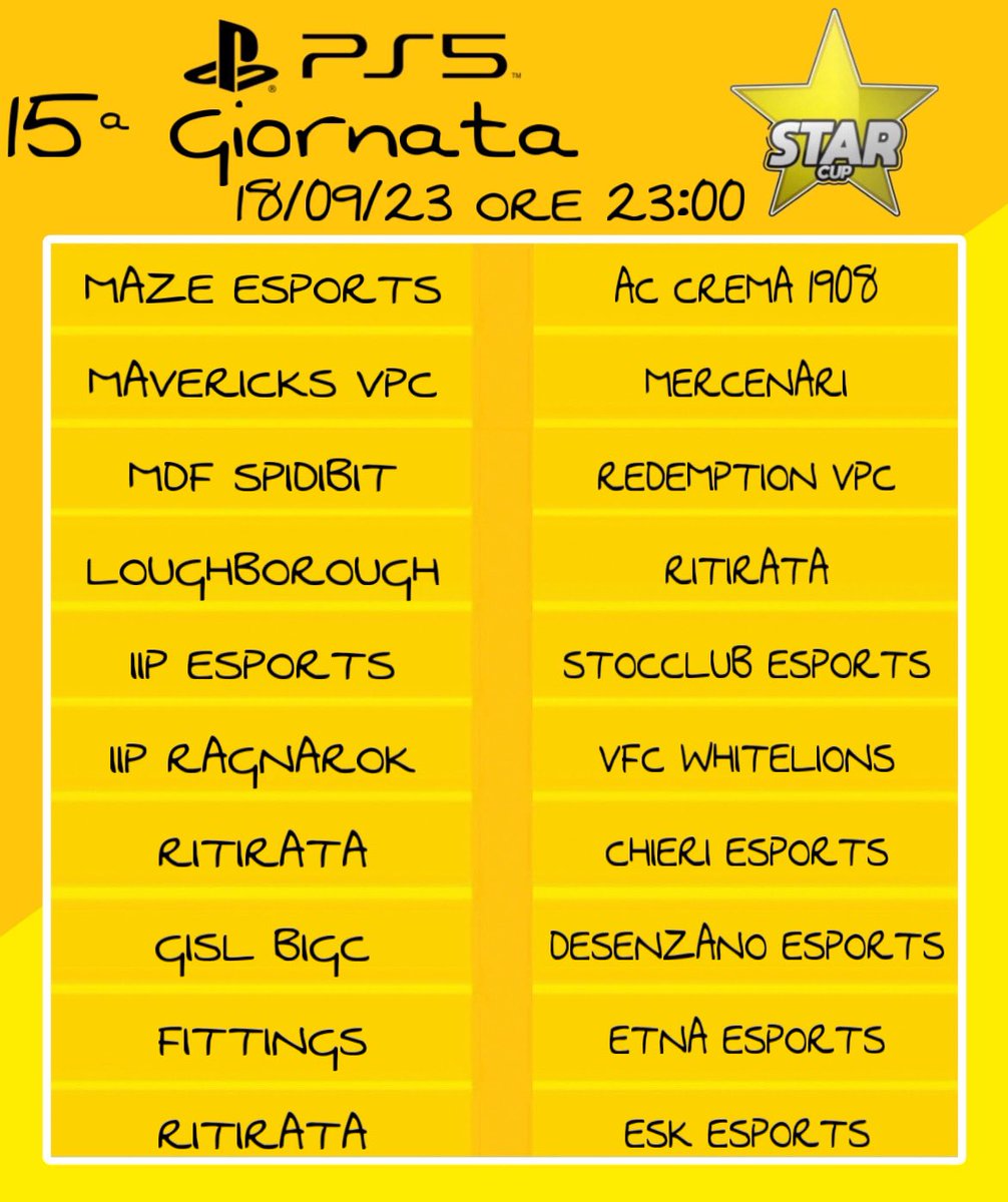 STAR CUP (@star__cup) on Twitter photo 🌟 STAR CUP 🌟
🗓18/09/2023
▪︎1️⃣4️⃣ª &1️⃣5️⃣ª Giornata.
🕥22:30 - 🕚23:00
<a href="/RTproclub/">𝚁𝚃𝚙𝚛𝚘𝚌𝚕𝚞𝚋</a> @RT_NoLimits <a href="/pctransfermarkt/">🇮🇹 PRO CLUBS TRANSFERMARKT🔍</a> <a href="/chetorneo/">Chetorneo eSports</a> 🌟 STAR CUP 🌟
🗓18/09/2023
▪︎1️⃣4️⃣ª &1️⃣5️⃣ª Giornata.
🕥22:30 - 🕚23:00
<a href="/RTproclub/">𝚁𝚃𝚙𝚛𝚘𝚌𝚕𝚞𝚋</a> @RT_NoLimits <a href="/pctransfermarkt/">🇮🇹 PRO CLUBS TRANSFERMARKT🔍</a> <a href="/chetorneo/">Chetorneo eSports</a>