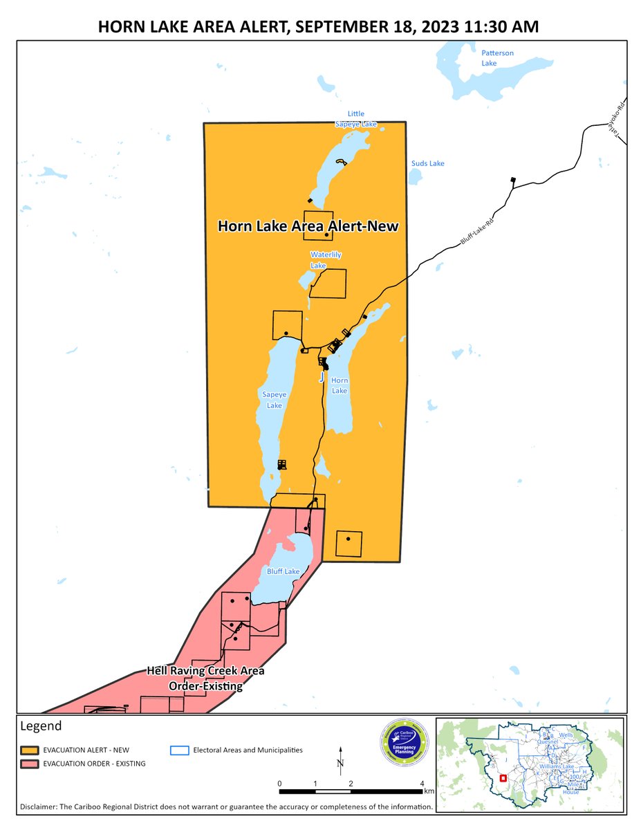 The CRD has downgraded the Horn Lake Area Order to an Alert. Residents can return home. Map: cariboord.ca/EOCorderalerts #CaribooFires #BCWildfire @BCGovFireInfo @EmergencyInfoBC