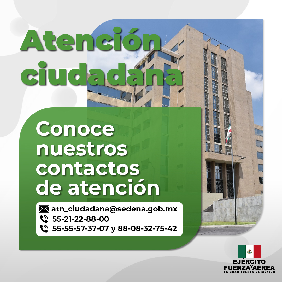 Conoce los números telefónicos y el correo electrónico de la Oficina de Atención Ciudadana del #EjércitoMexicano y #FuerzaAéreaMx, para proporcionar apoyo a las peticiones de la ciudadanía.

#UnidosSomosLaGranFuerzaDeMéxico #Bicentenario del #Heroico #ColegioMilitar #MesPatrio…