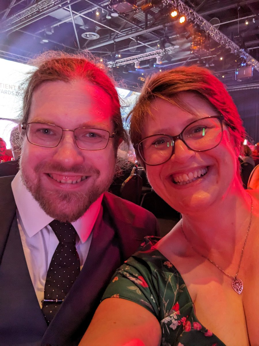 Our #HSJpatientsafety award nomination is about patient involvement in patient safety work; what a joy to be here this evening with brilliant <a href="/narco_sam/">Sam Barnett-Cormack</a> our wonderful patient representative on our work about embedding person centred care in pharmacy ❤️