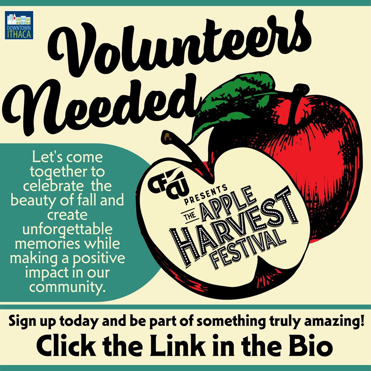 2023 Apple Harvest Fest is looking for volunteers to join in and help as needed. To apply to become a volunteer please visit the link in our instagram bio. #fallharvestfestival #ithacafallfest #whatsnewithaca #appleharvestfestival