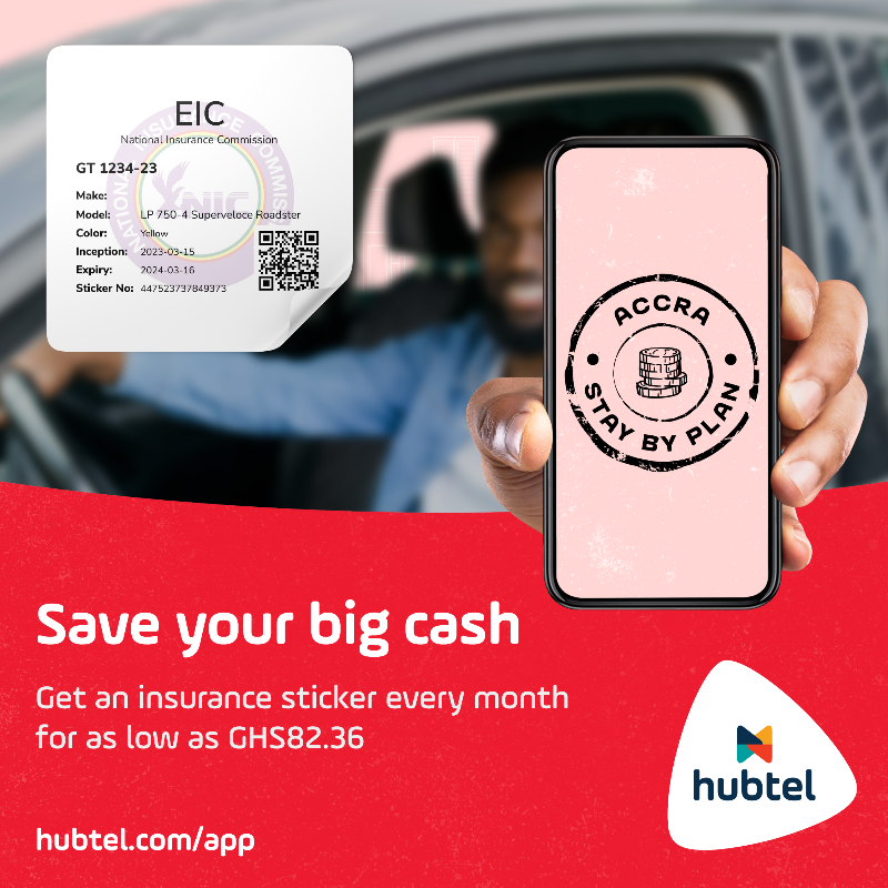 hubtel's tweet photo. Secure your peace of mind with an insurance sticker every month for just GHS82. Your safety, your budget.🔒💰