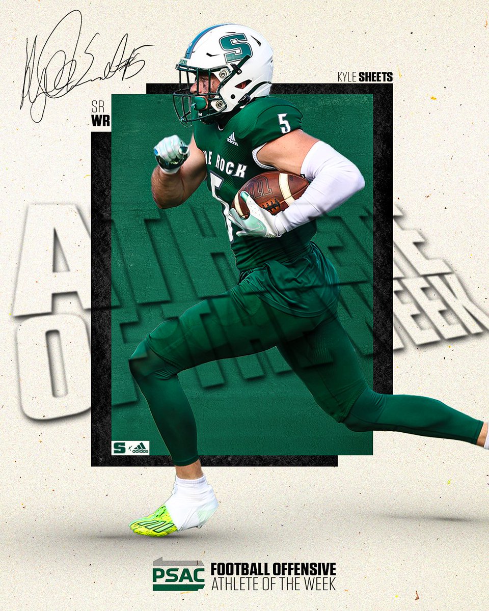 Rock_Athletics's tweet photo. FB: Slippery Rock WR Kyle Sheets was named the PSAC West Offensive Athlete of the Week after posting career-highs of 12 catches for 210 yards and three touchdowns against Millersville.

Details🔗: https://t.co/efF2epyYny https://t.co/c8Kdki0d7R