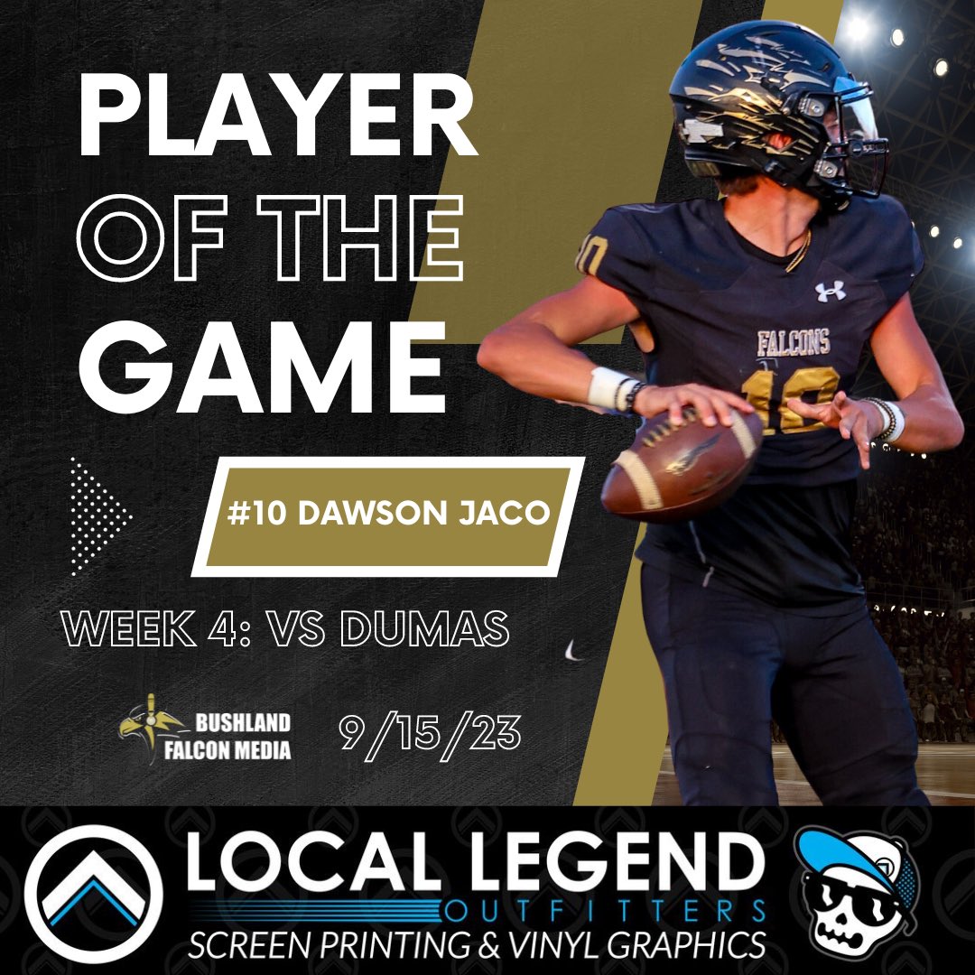 BushlandFM's tweet photo. Our Week 4 @golocallegend Player of the Game, @DawsonJaco. DJ led @bushland_fball over Borger with 141 passing yards and another 37 on the ground including 3 rushing TD’s in a half of play. 

A huge thanks to Landon and his Local Legends team for your support! https://t.co/idrIVNU5sM