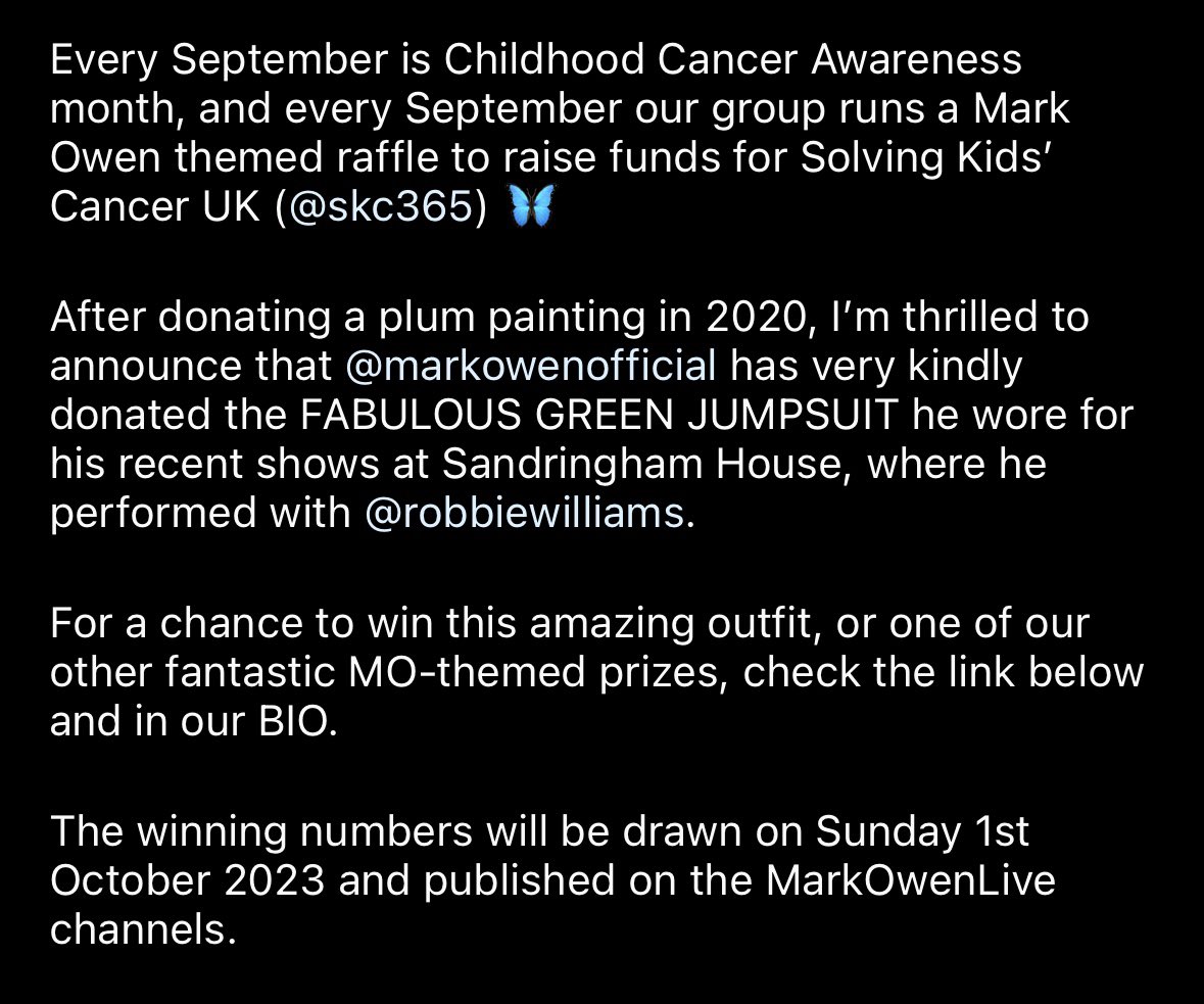MarkOwenLive's tweet photo. ‼️NEW RAFFLE PRIZE DONATED BY MARK‼️

Thrilled to announce that @OfficialMarkO has very kindly donated the FABULOUS GREEN JUMPSUIT he wore for his recent shows at Sandringham to our charity raffle in aid of @SKC_UK. 

Link to enter 👇

https://t.co/DhC9nq8w0u https://t.co/XI2YbK6XM4