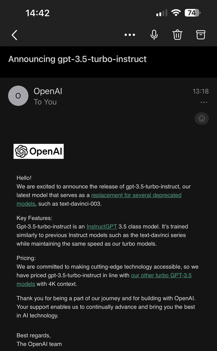 fabianwilliams's tweet image. Just saw @OpenAI announced the release of gpt-3.5-turbo-instruct, their latest model that serves as a replacement for some deprecated models, such as text-davinci-003. The intent being a more friendlier &amp;amp; in their word “less toxic” &amp;amp; have more humans involved #OpenAI #GPT #MLAI