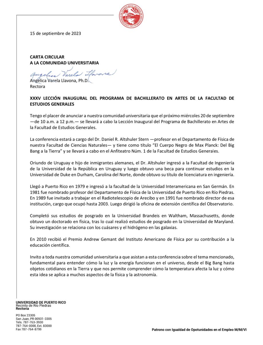“El Cuerpo Negro de Max Planck: Del Big Bang a la Tierra” 

Este miércoles de 10:00am-12pm, uno de nuestros profesores de física, Dr. Daniel R. Altshuler Stern estará llevando a cabo una conferencia. Es importante que nosotros estemos allí dando nuestro apoyo e interés.