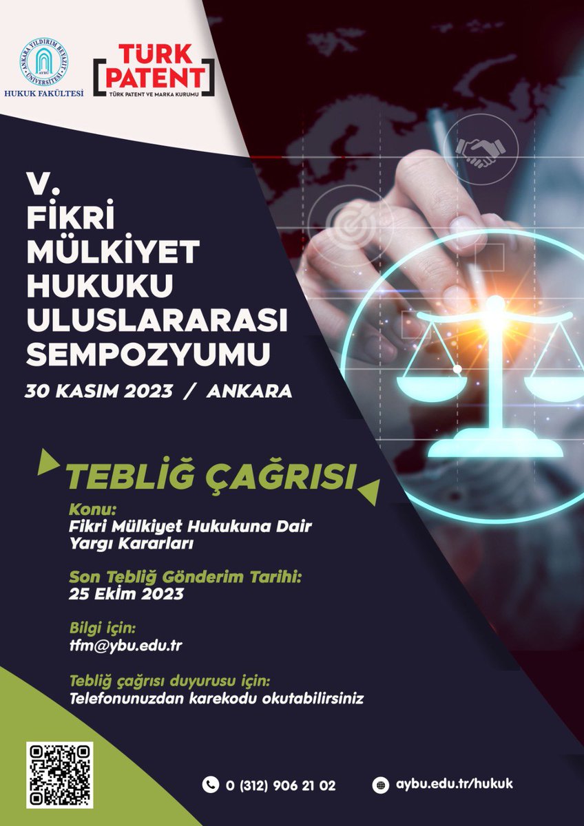 30 KASIM 2023 tarihinde <a href="/aybuhukukf/">AYBÜ Hukuk Fakültesi</a> ve <a href="/TURKPATENT/">Türk Patent ve Marka Kurumu</a> tarafından “V. Fikri Mülkiyet Hukuku Uluslararası Sempozyumu” düzenlenecektir.Sempozyum bütün uygulayıcı, akademisyen ve araştırmacılara açık olup sempozyuma katılım ücretsizdir.
#fikrimülkiyethukuku