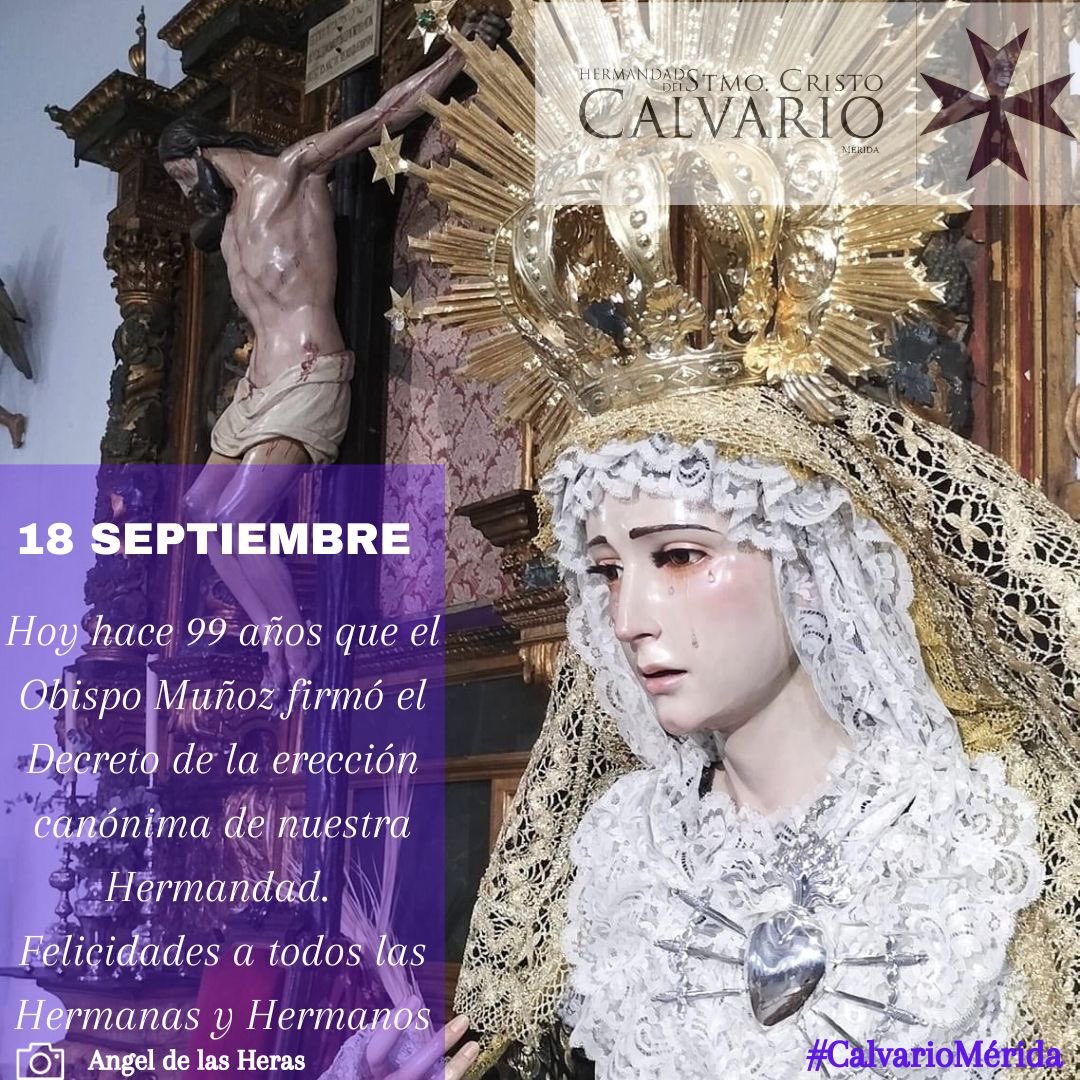 Hoy 18 de Septiembre se cumplen 99 años de la erección canónica de la Hermandad del Calvario . En ese año 1924 se firmó en Santa María por el Obispo Muñoz el decreto.

Muchas felicidades a todos las Hermanas y Hermanos

#hermandadcalvario #losmoraos 💜💜
📸 Angel De Las Heras